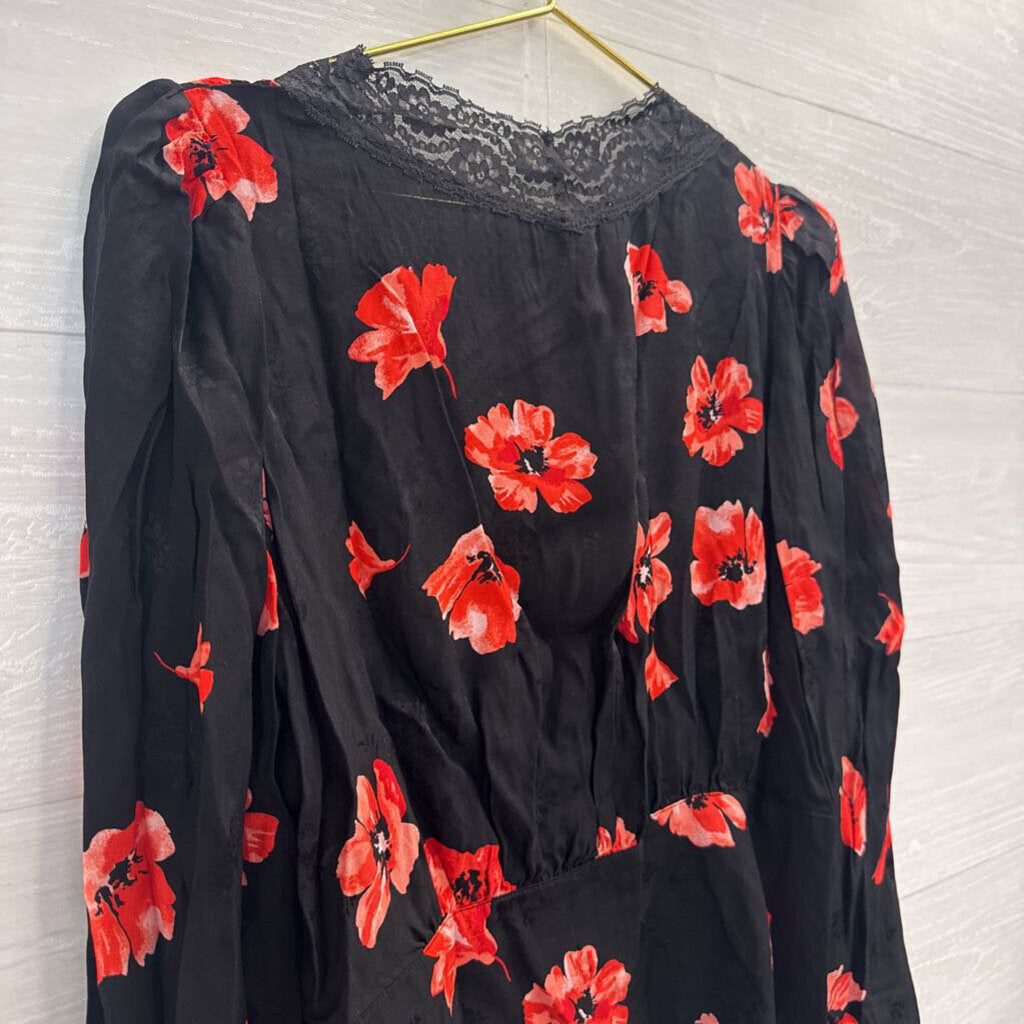 Loft Black/ Red Floral Print Long Sleeve Top Medium