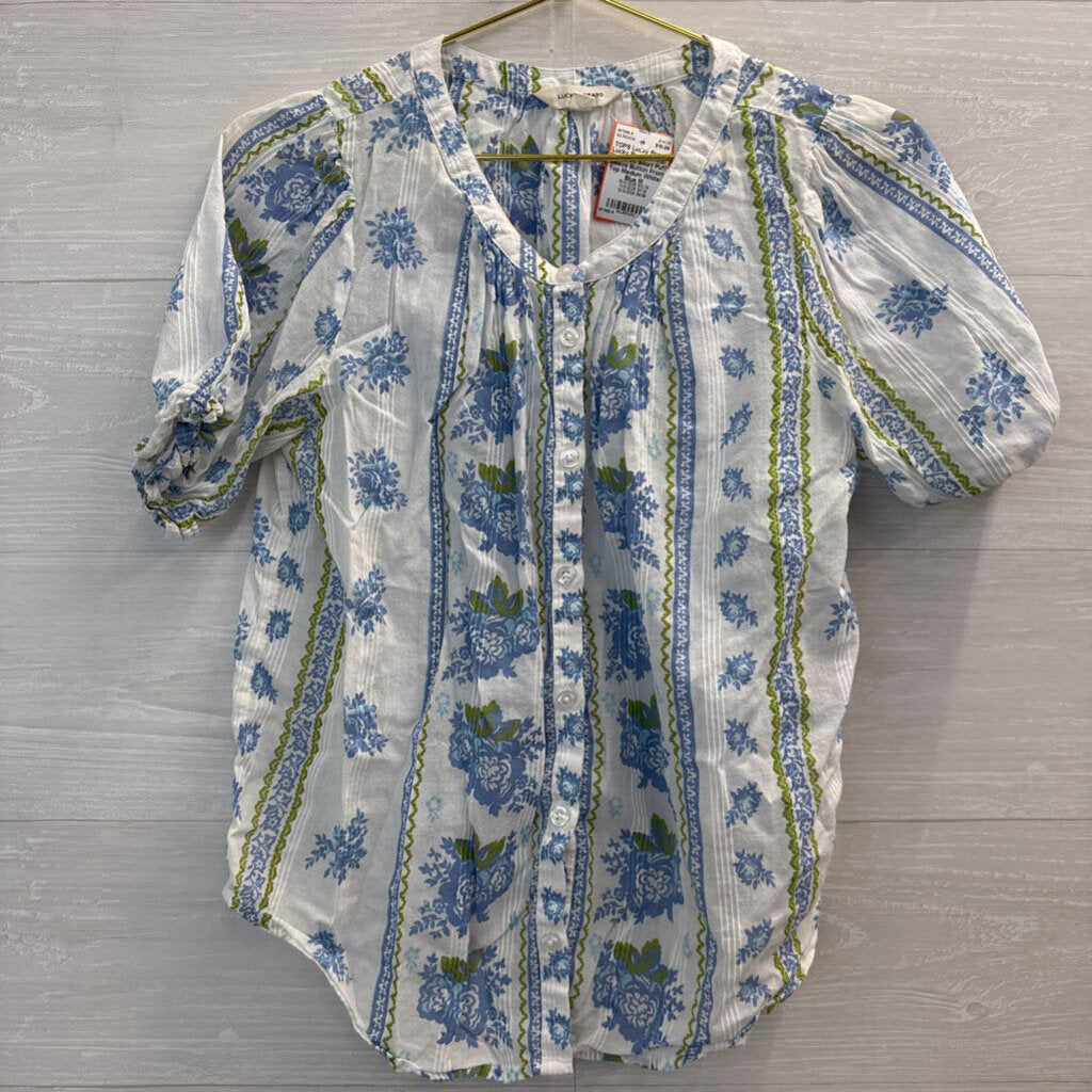 Lucky Brand White/ Blue Print Short Puff Sleeve Button Front Top Medium