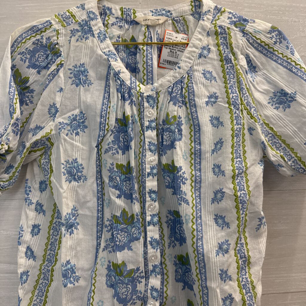 Lucky Brand White/ Blue Print Short Puff Sleeve Button Front Top Medium