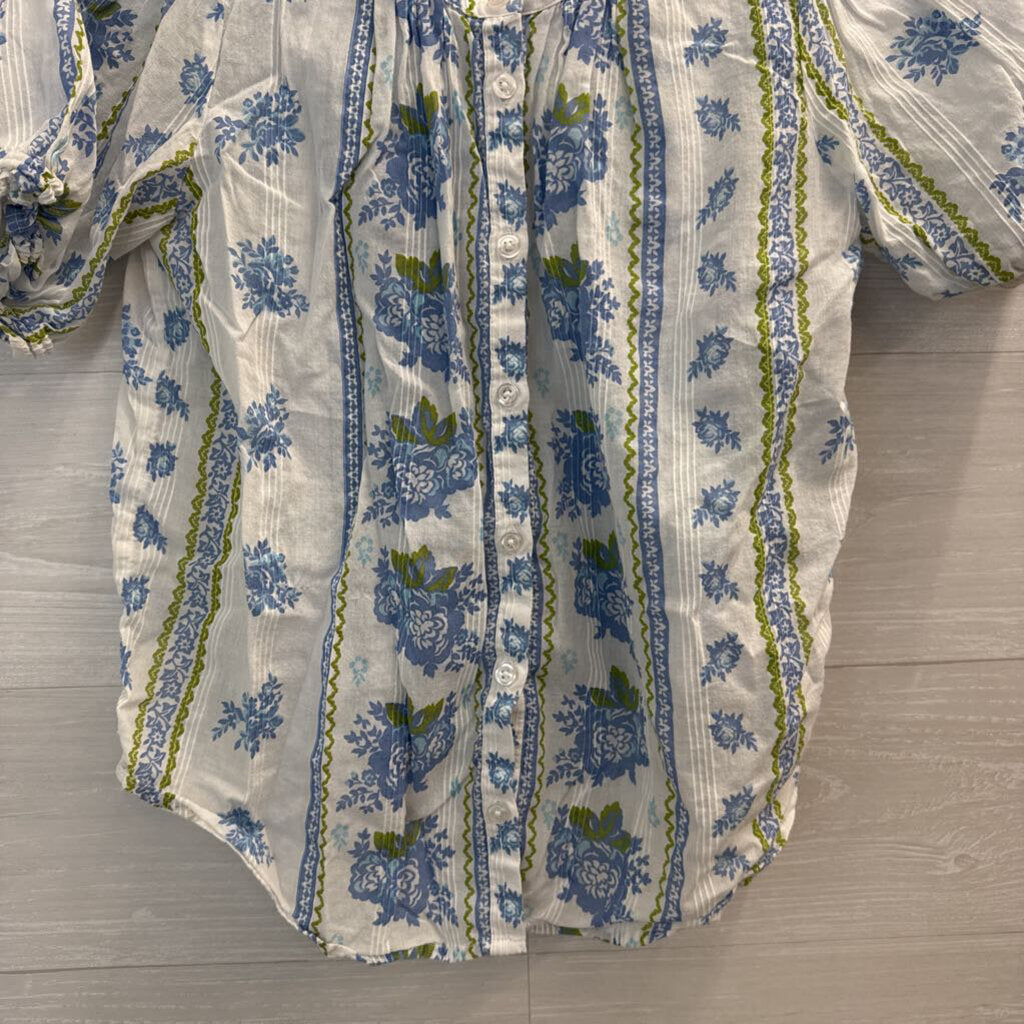 Lucky Brand White/ Blue Print Short Puff Sleeve Button Front Top Medium