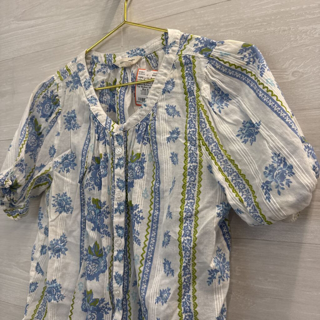 Lucky Brand White/ Blue Print Short Puff Sleeve Button Front Top Medium