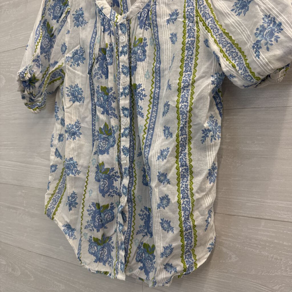 Lucky Brand White/ Blue Print Short Puff Sleeve Button Front Top Medium