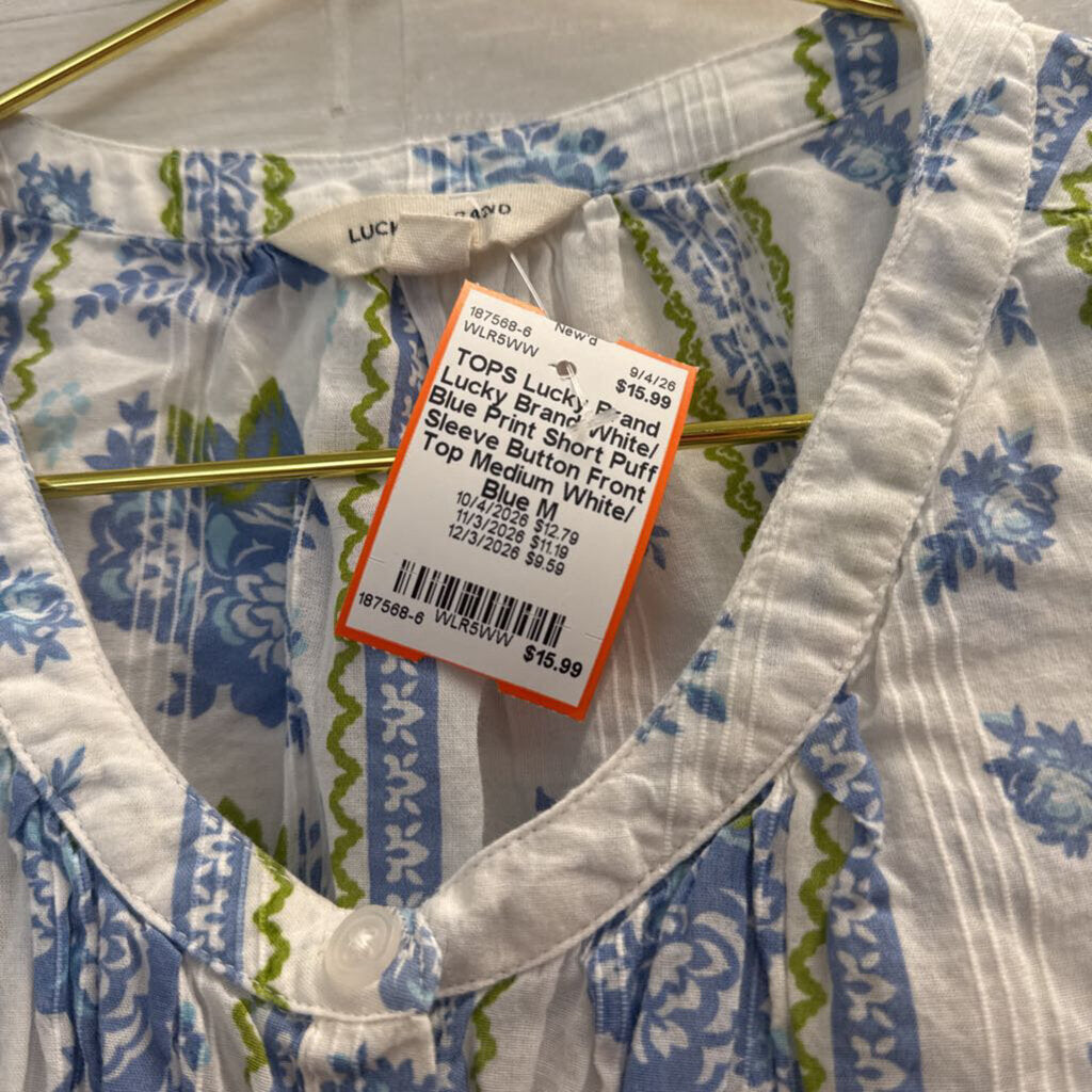 Lucky Brand White/ Blue Print Short Puff Sleeve Button Front Top Medium