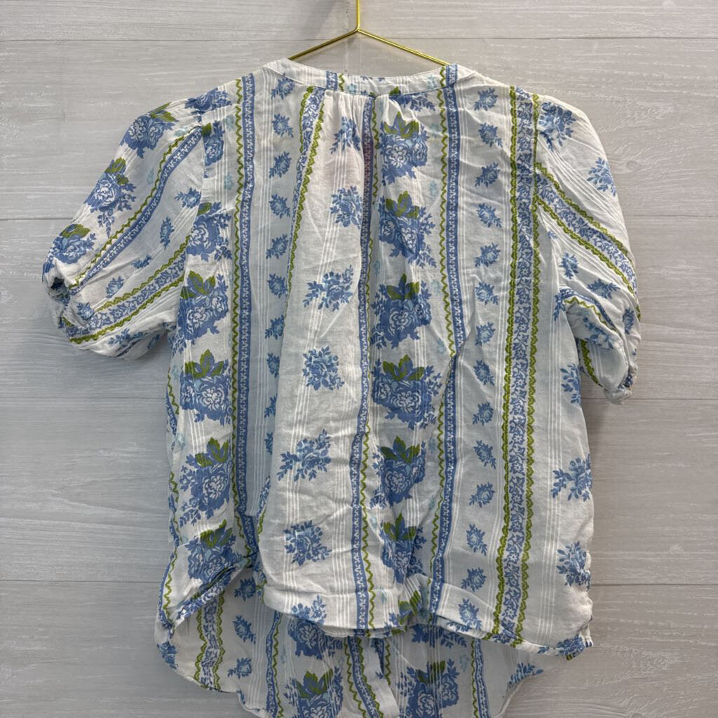 Lucky Brand White/ Blue Print Short Puff Sleeve Button Front Top Medium