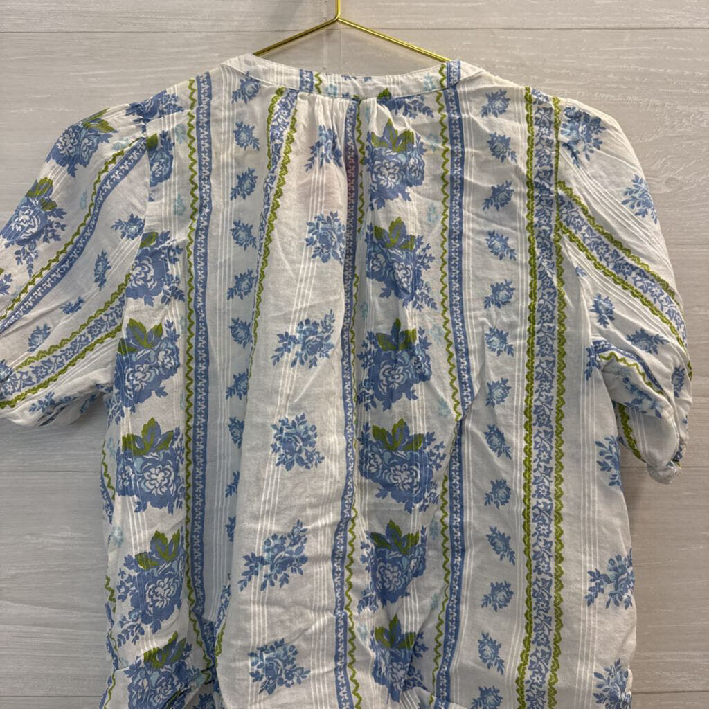 Lucky Brand White/ Blue Print Short Puff Sleeve Button Front Top Medium