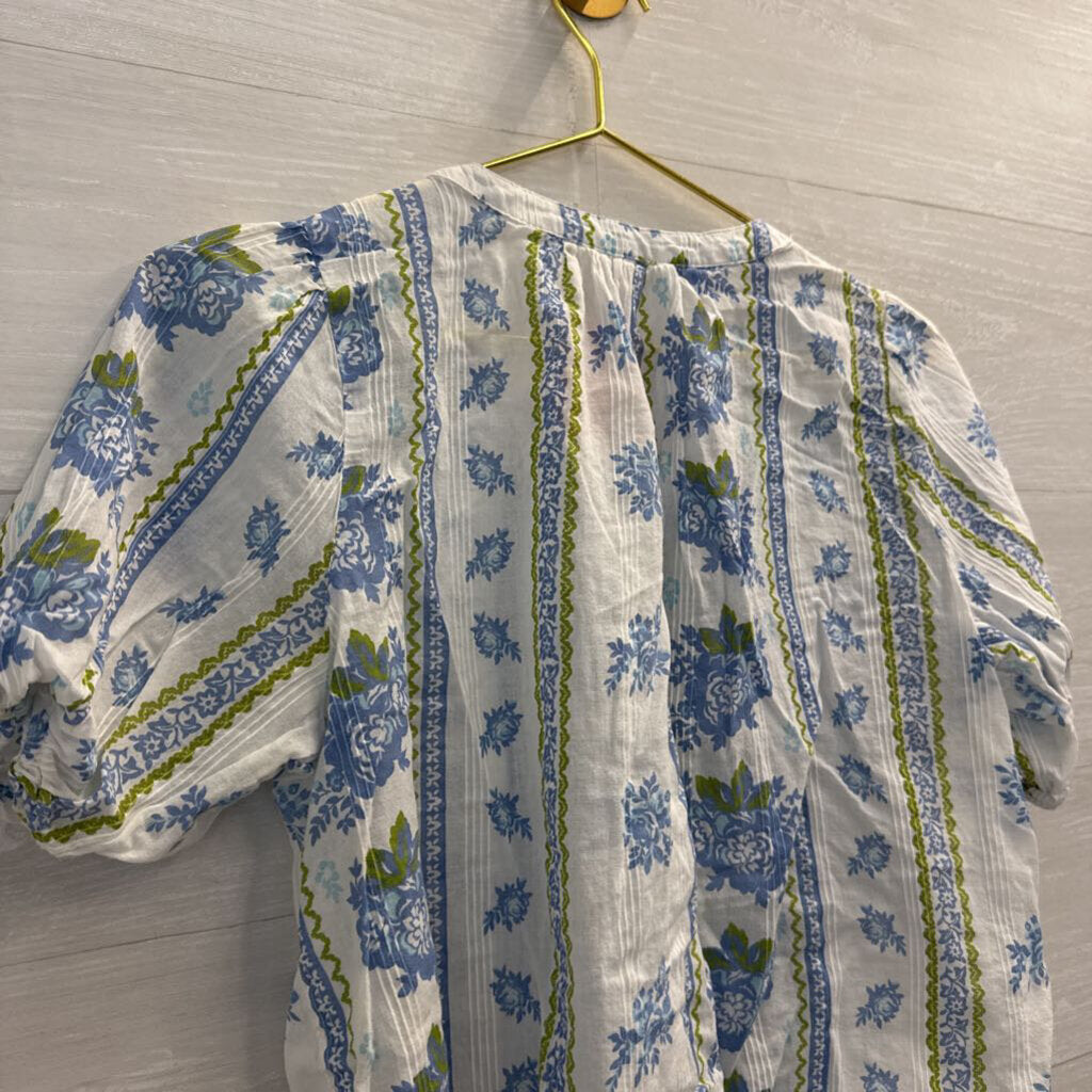 Lucky Brand White/ Blue Print Short Puff Sleeve Button Front Top Medium