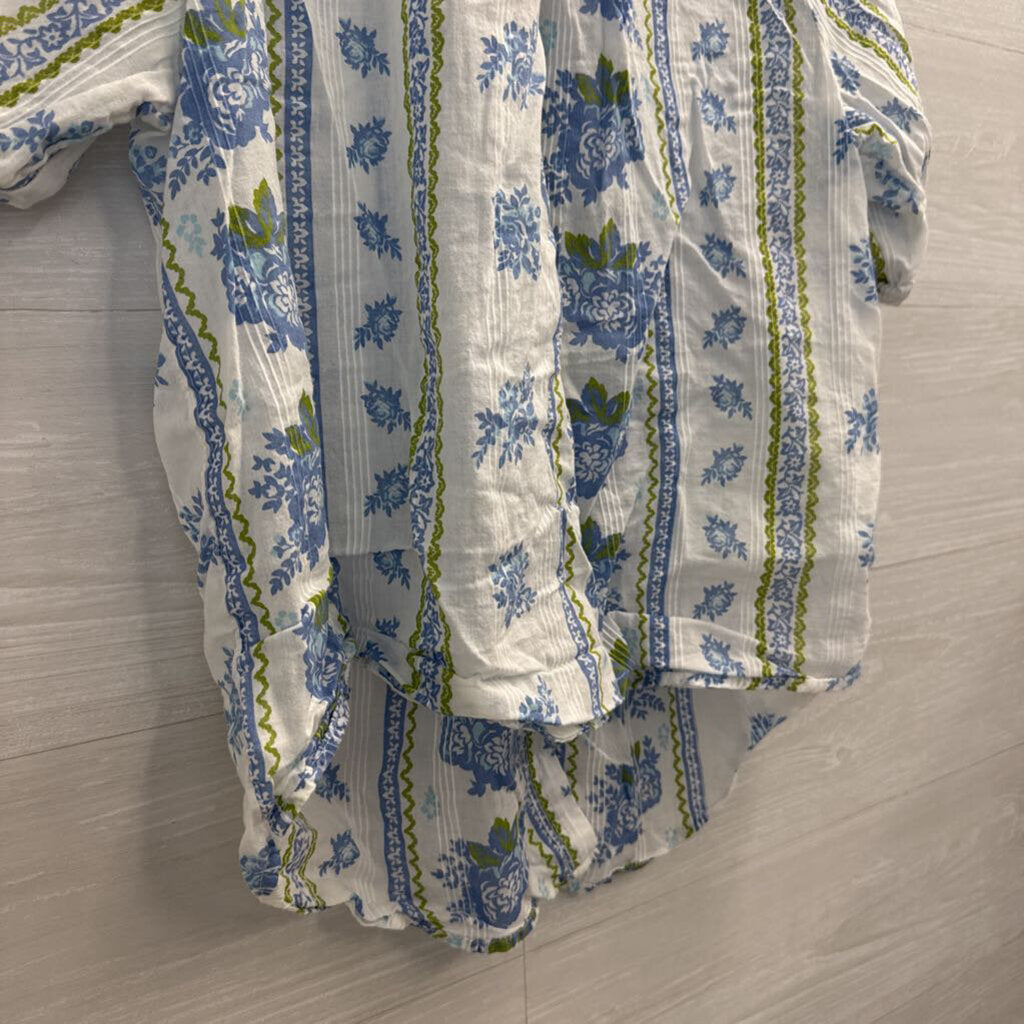 Lucky Brand White/ Blue Print Short Puff Sleeve Button Front Top Medium