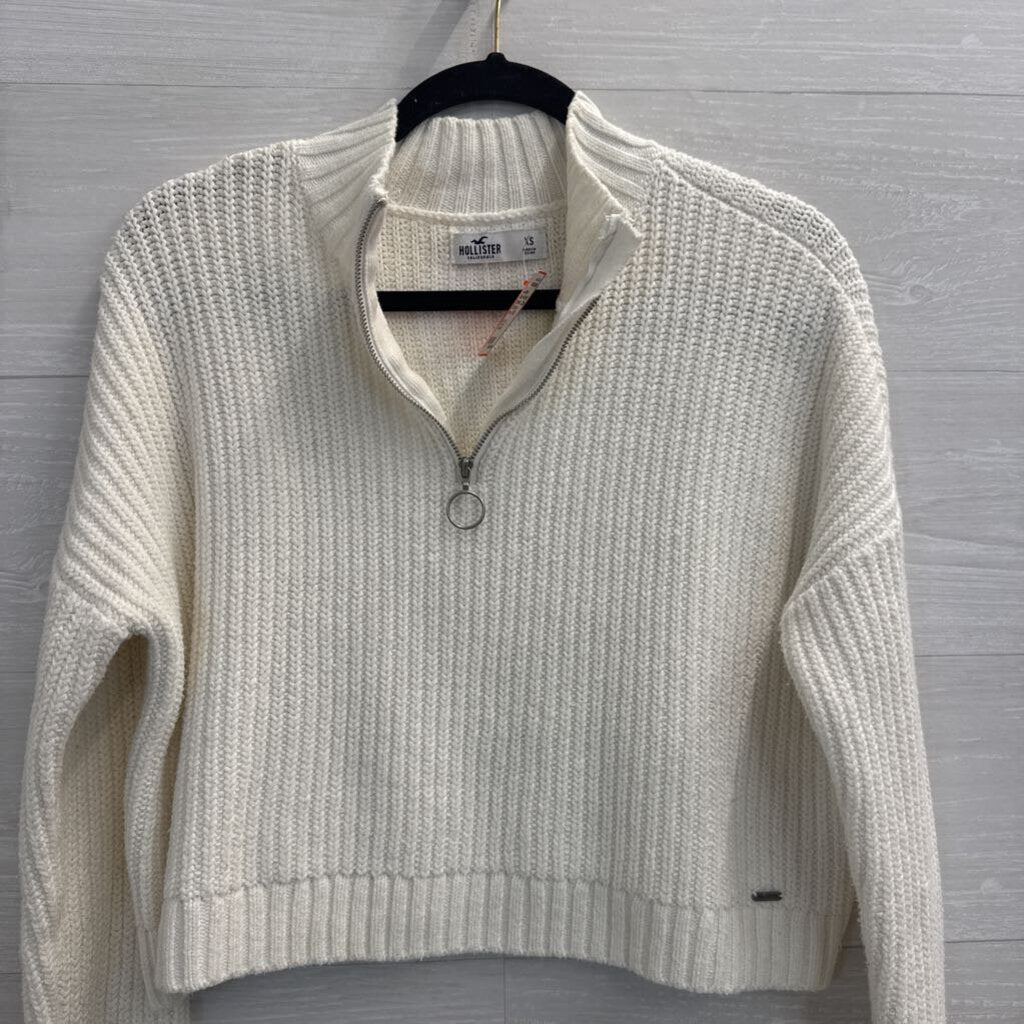 Hollister White Knit Cropped Quarter Zip Pullover Extra Small