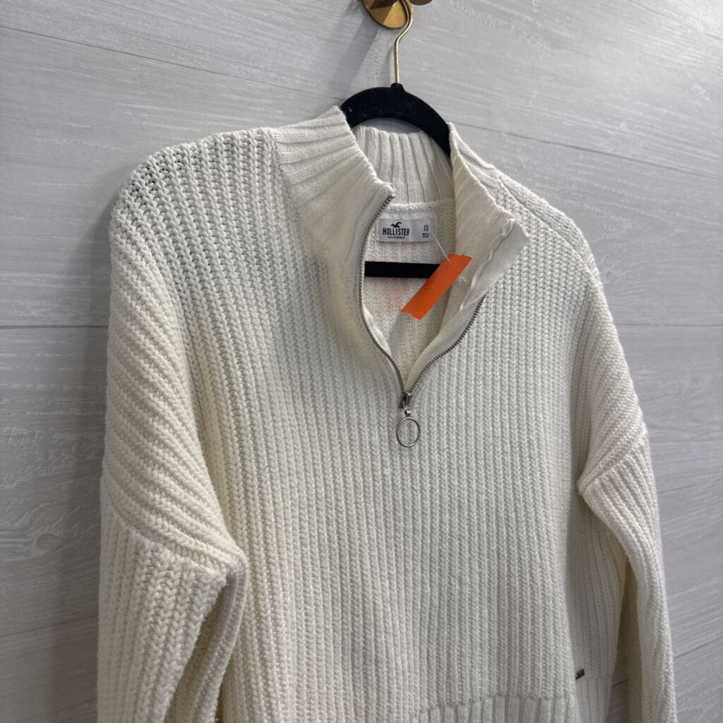 Hollister White Knit Cropped Quarter Zip Pullover Extra Small