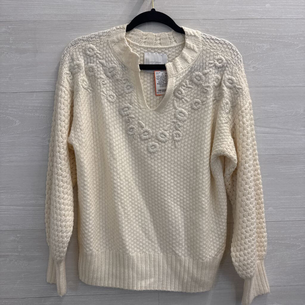 Lucky Brand Cream Knit Embroidered Long Sleeve Sweater Top Medium