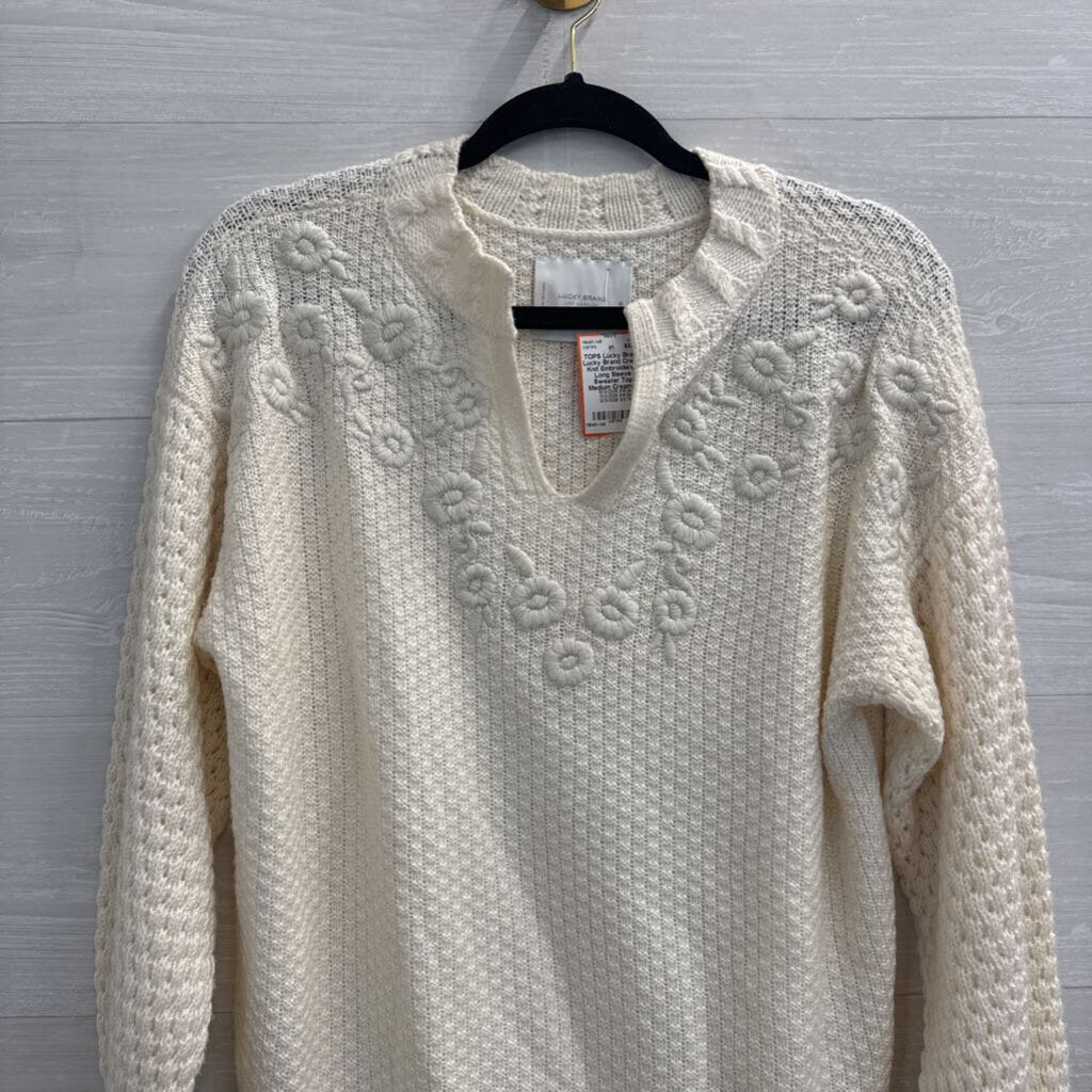 Lucky Brand Cream Knit Embroidered Long Sleeve Sweater Top Medium