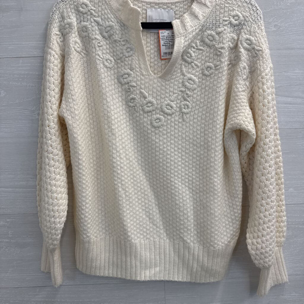 Lucky Brand Cream Knit Embroidered Long Sleeve Sweater Top Medium