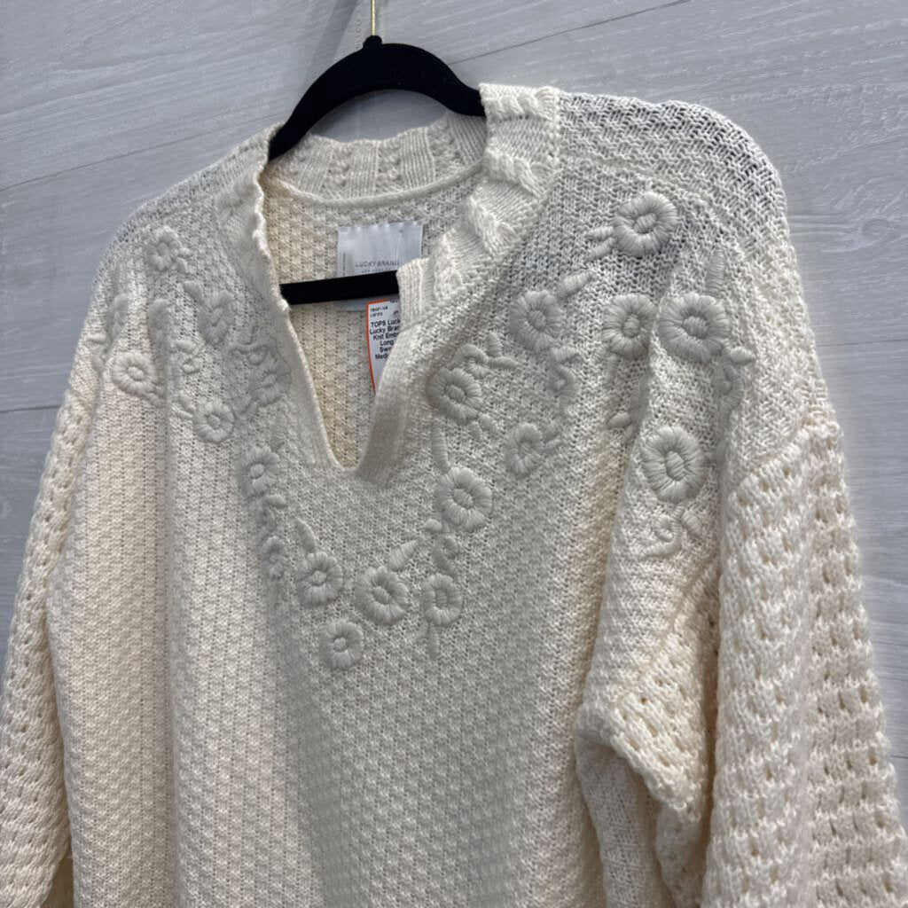 Lucky Brand Cream Knit Embroidered Long Sleeve Sweater Top Medium