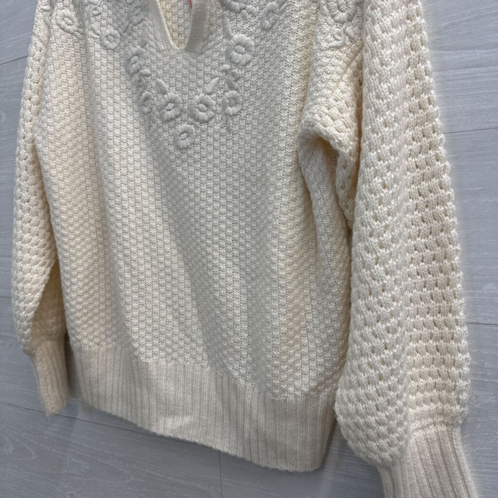 Lucky Brand Cream Knit Embroidered Long Sleeve Sweater Top Medium