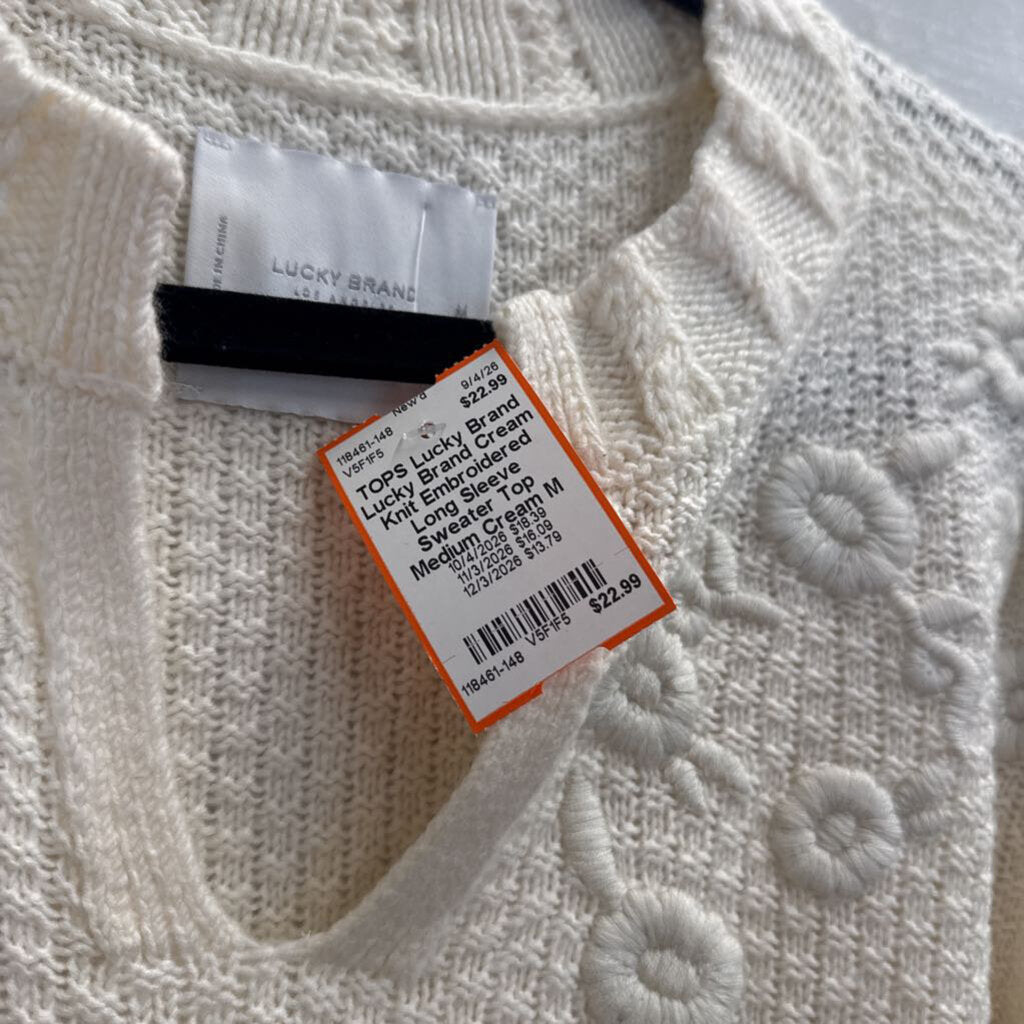 Lucky Brand Cream Knit Embroidered Long Sleeve Sweater Top Medium