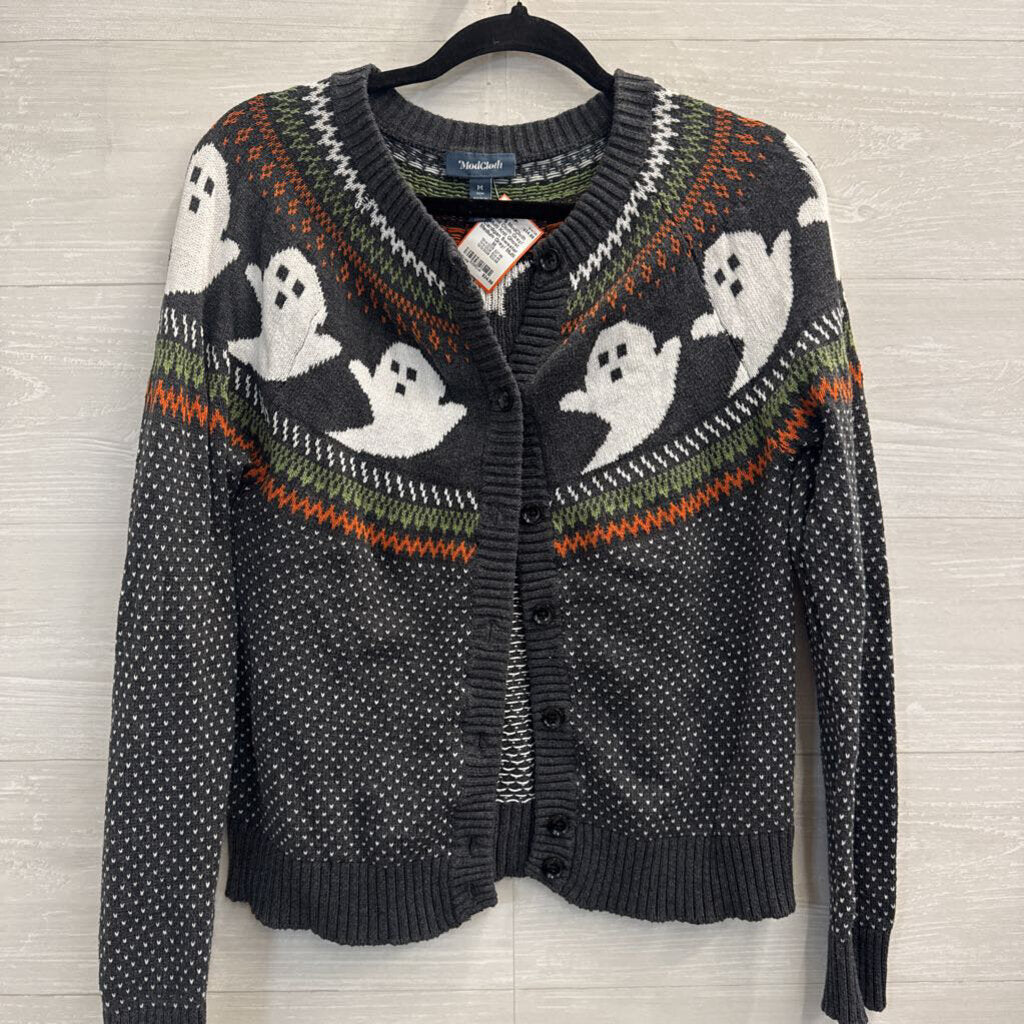 Mod Cloth Grey/ Multi Knit Ghost Cardigan Sweater Medium