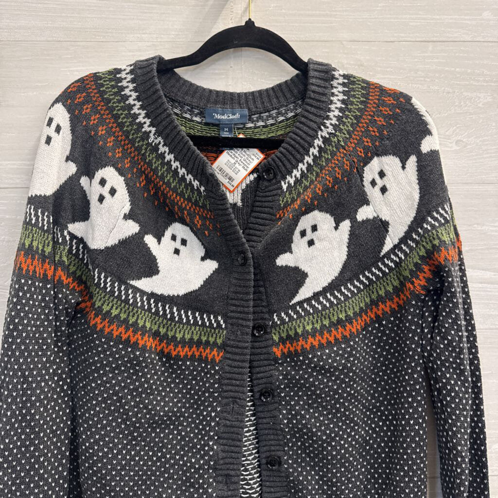 Mod Cloth Grey/ Multi Knit Ghost Cardigan Sweater Medium