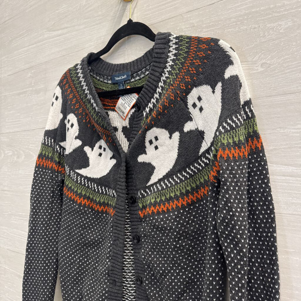 Mod Cloth Grey/ Multi Knit Ghost Cardigan Sweater Medium