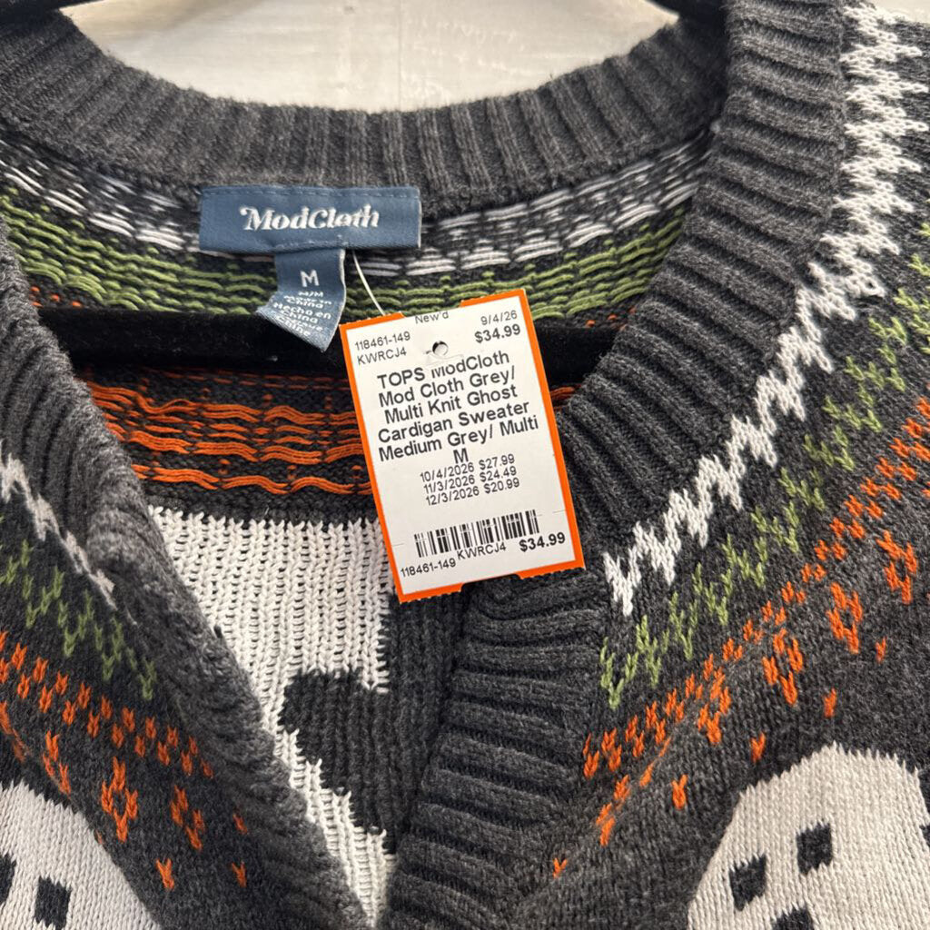 Mod Cloth Grey/ Multi Knit Ghost Cardigan Sweater Medium