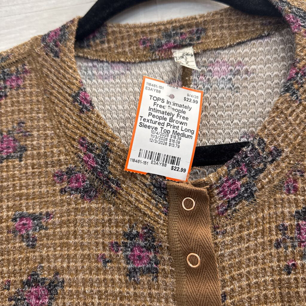 Intimately Free People Brown Textured Print Long Sleeve Top Medium