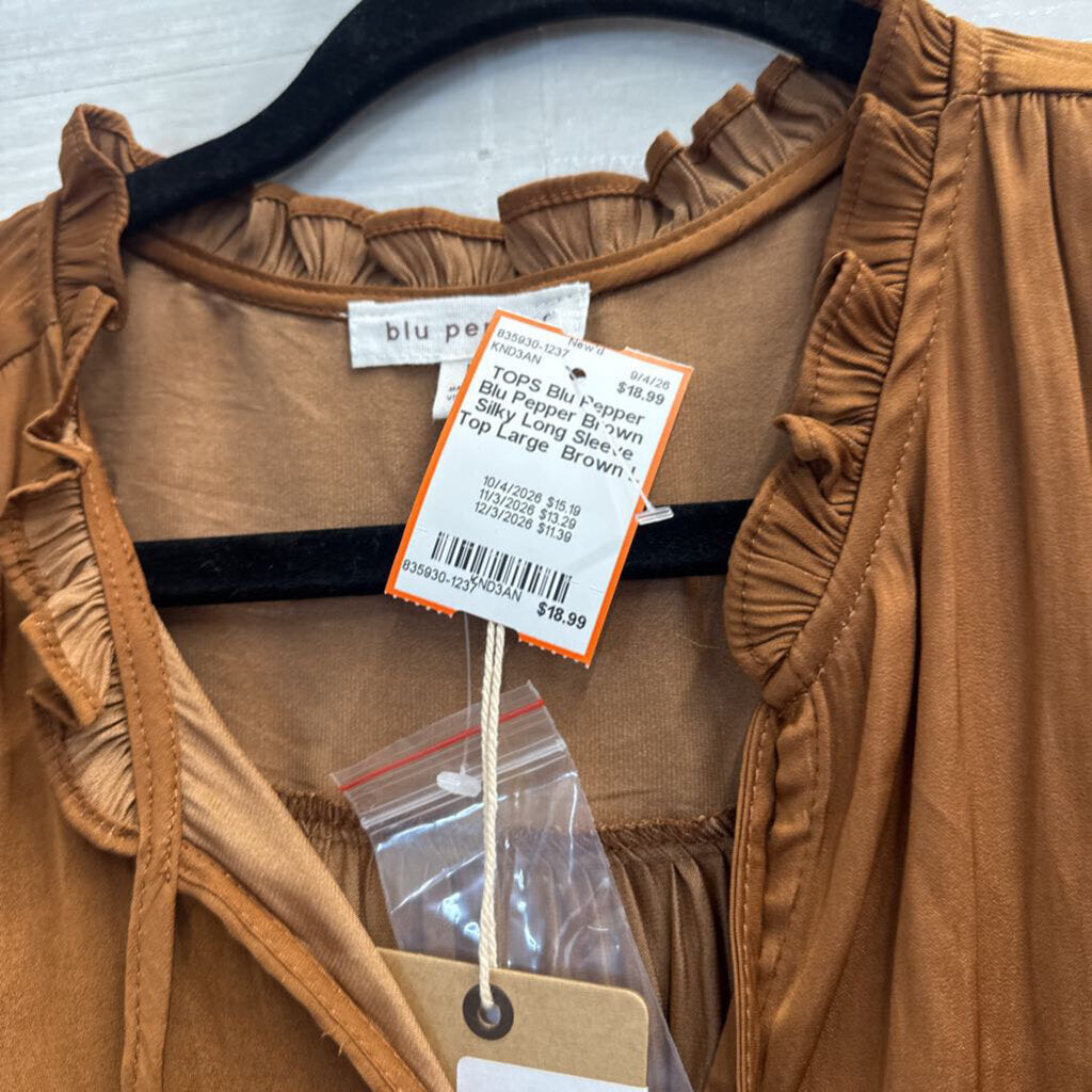 Blu Pepper Brown Silky Long Sleeve Top Large