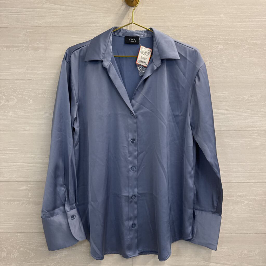 Vici Blue Silky Long Sleeve Button Down Top Large