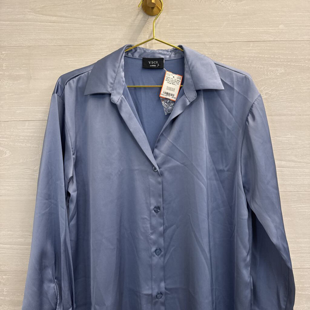 Vici Blue Silky Long Sleeve Button Down Top Large
