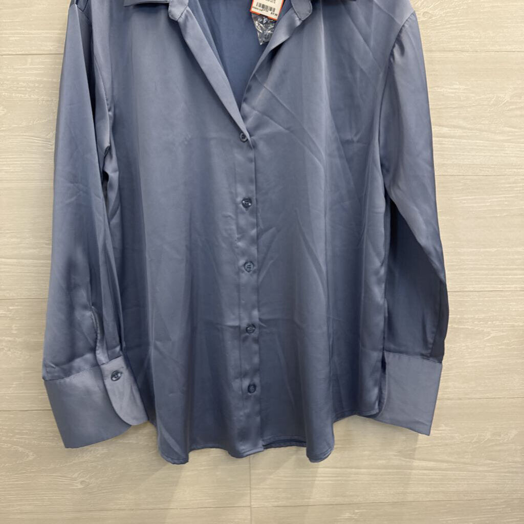 Vici Blue Silky Long Sleeve Button Down Top Large