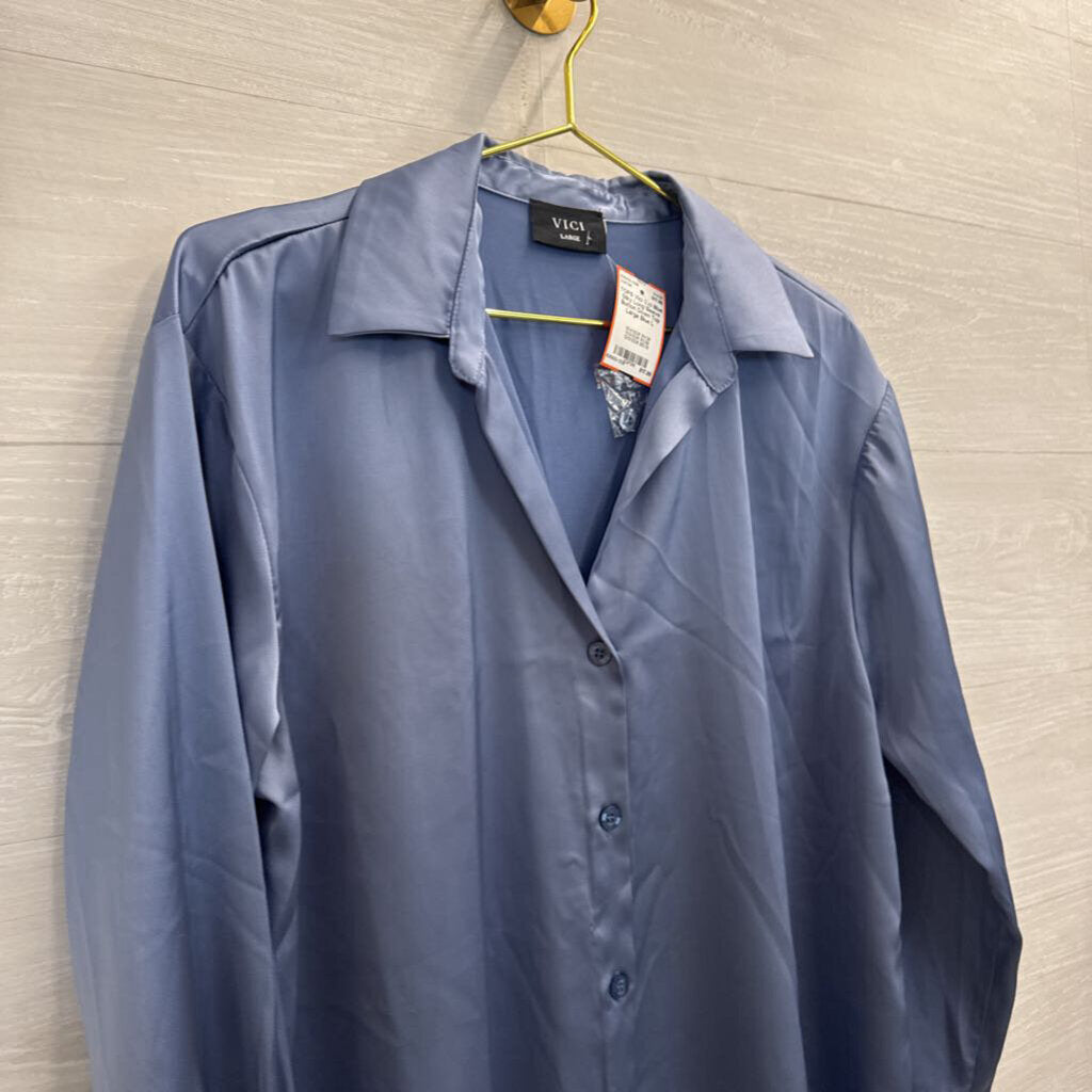 Vici Blue Silky Long Sleeve Button Down Top Large