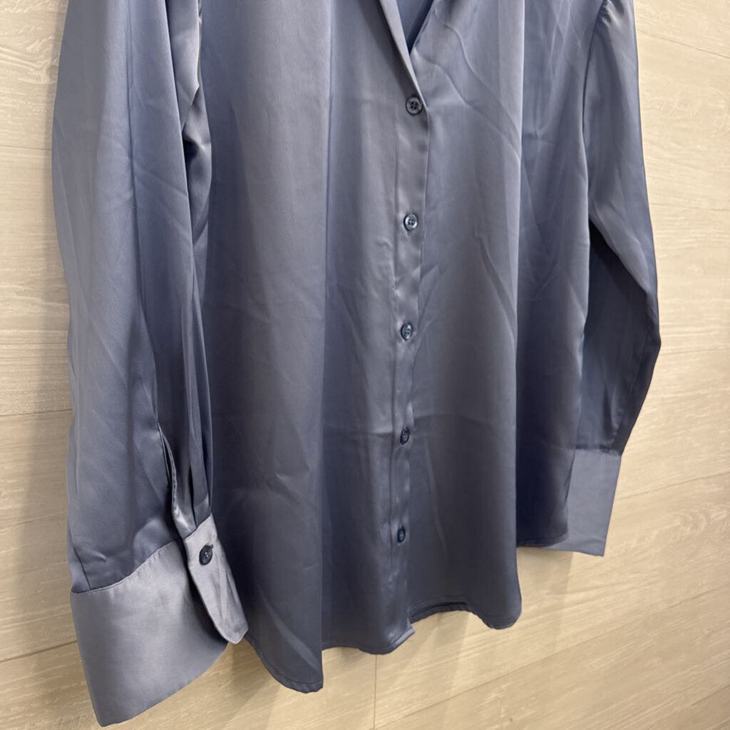 Vici Blue Silky Long Sleeve Button Down Top Large