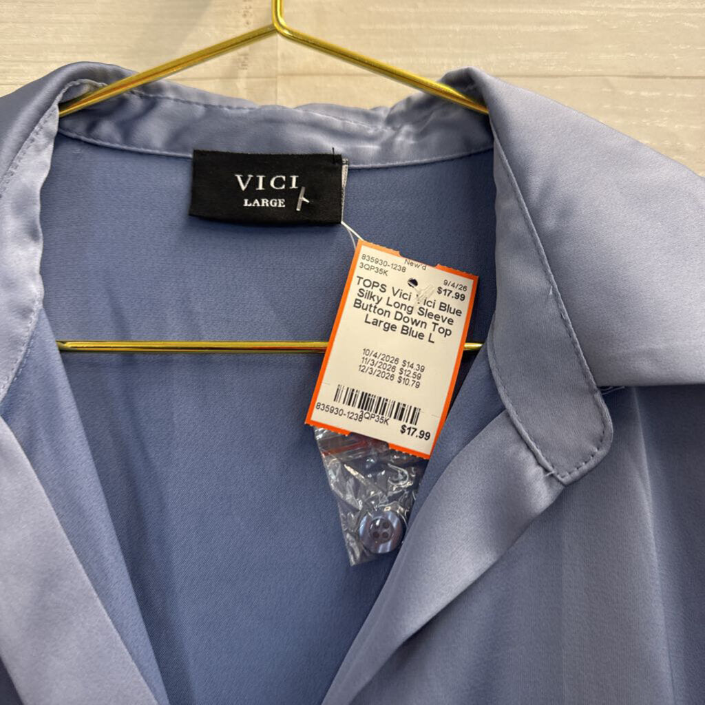 Vici Blue Silky Long Sleeve Button Down Top Large