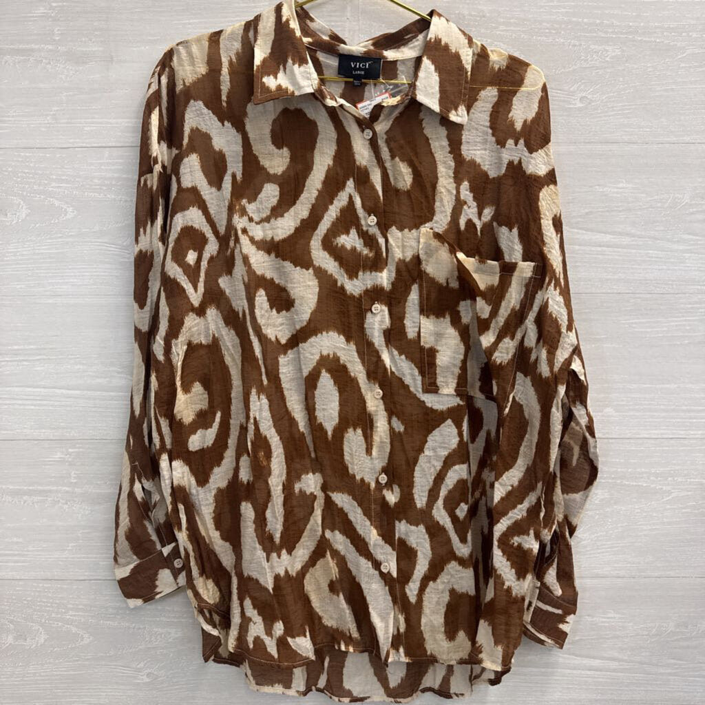 Vici Brown/ Cream Print Long Sleeve Button Down Top Large