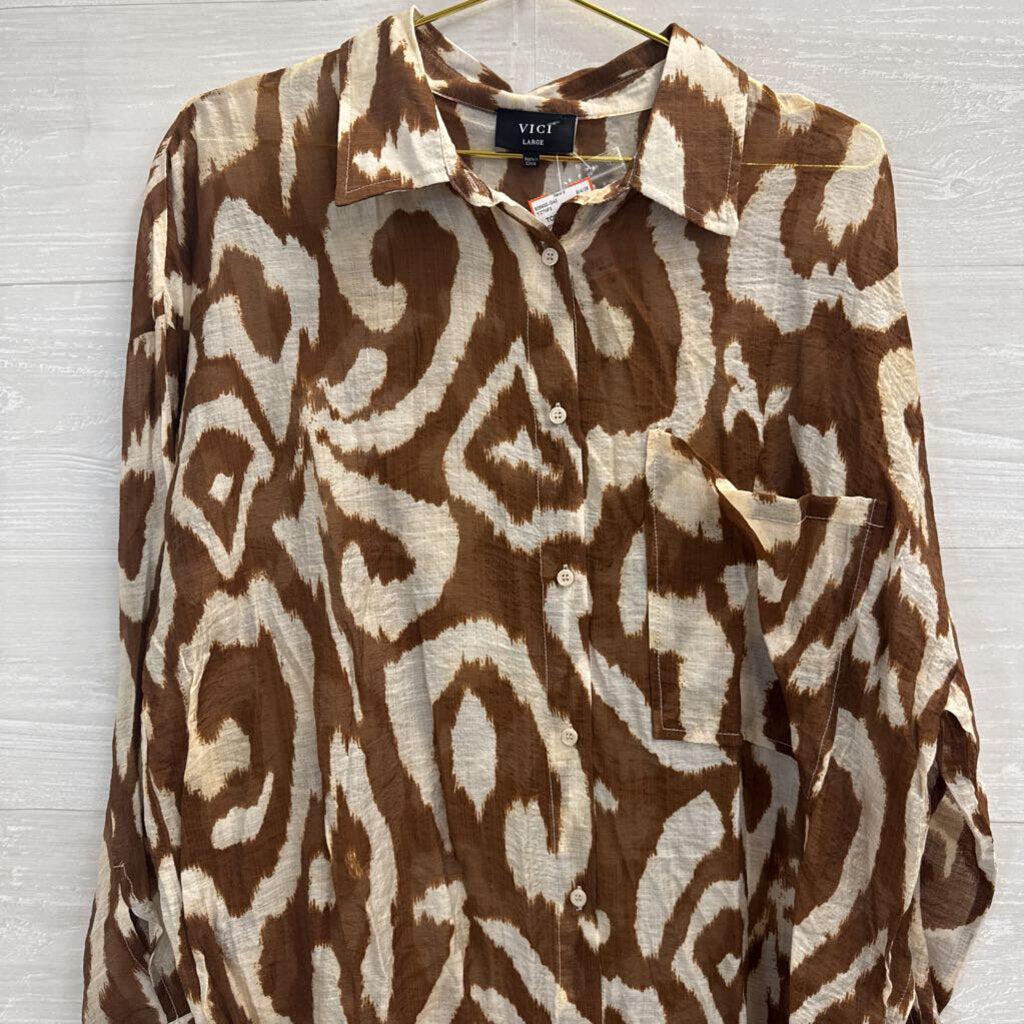 Vici Brown/ Cream Print Long Sleeve Button Down Top Large