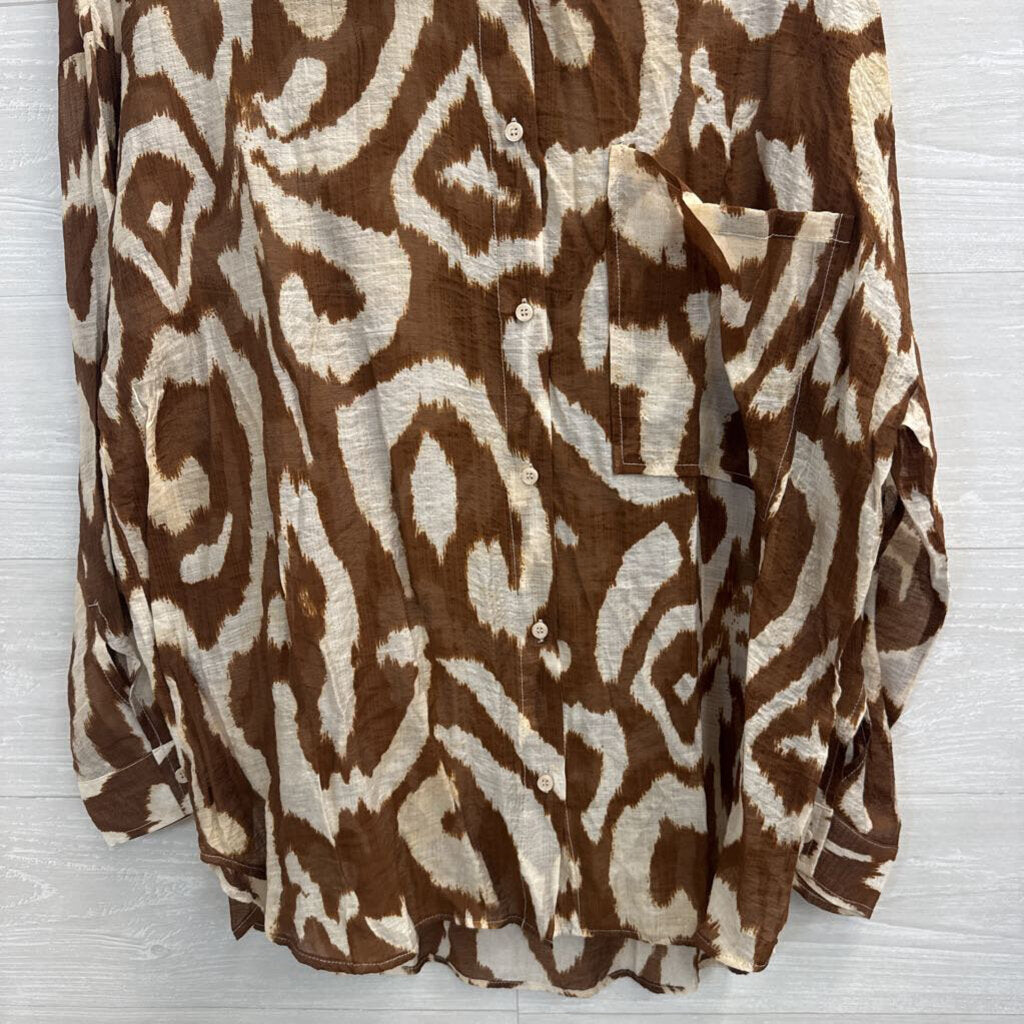 Vici Brown/ Cream Print Long Sleeve Button Down Top Large