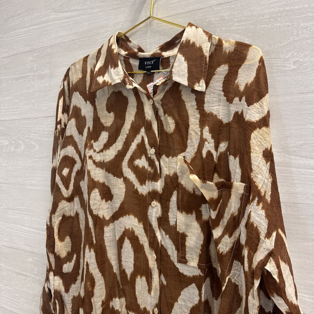 Vici Brown/ Cream Print Long Sleeve Button Down Top Large