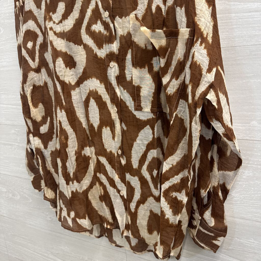 Vici Brown/ Cream Print Long Sleeve Button Down Top Large
