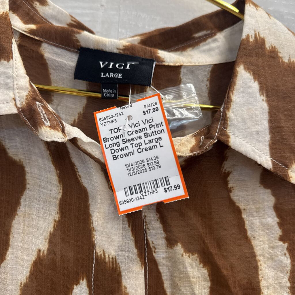 Vici Brown/ Cream Print Long Sleeve Button Down Top Large