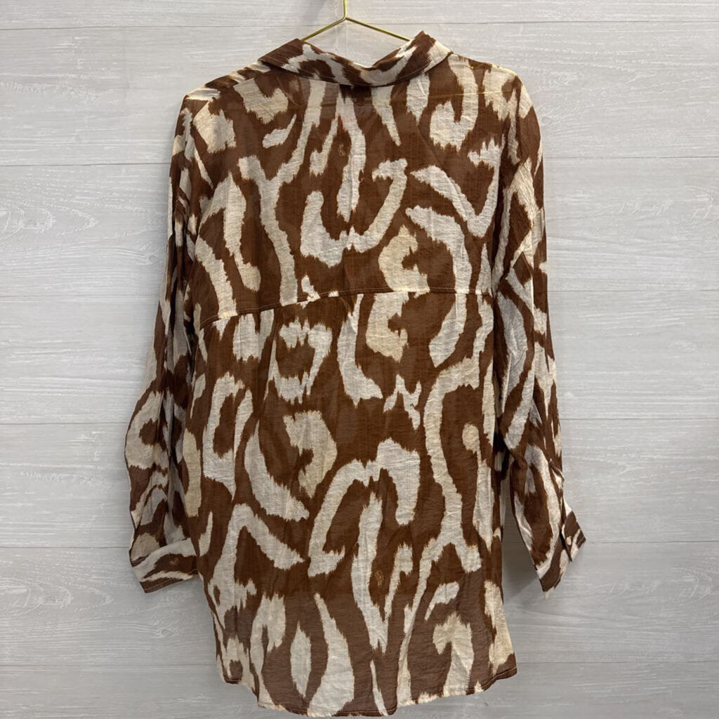Vici Brown/ Cream Print Long Sleeve Button Down Top Large