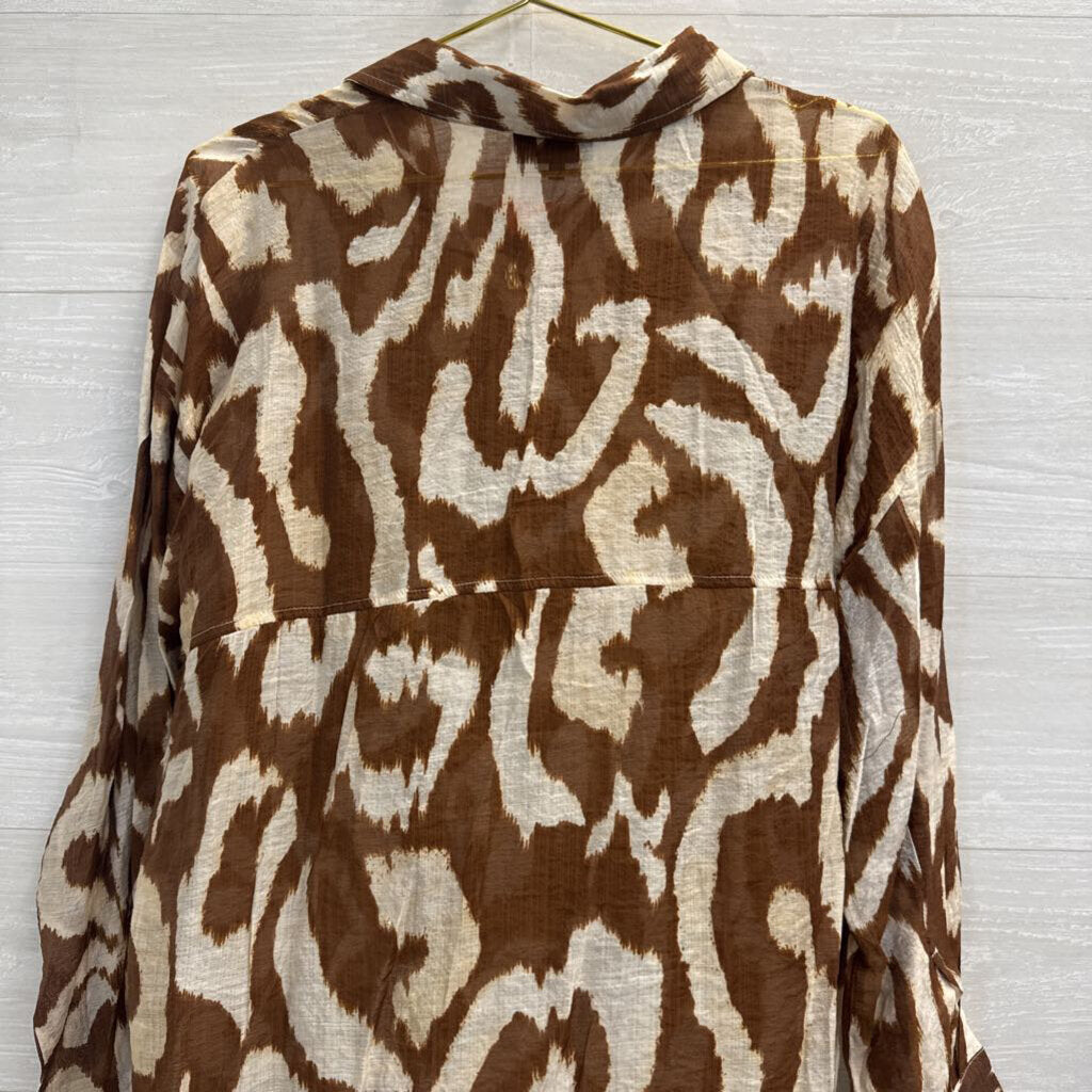 Vici Brown/ Cream Print Long Sleeve Button Down Top Large