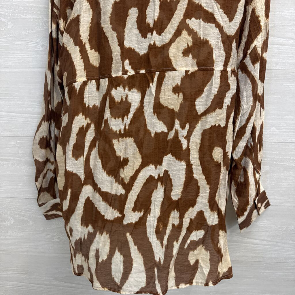 Vici Brown/ Cream Print Long Sleeve Button Down Top Large