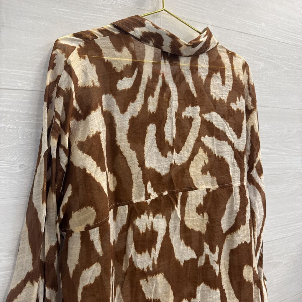 Vici Brown/ Cream Print Long Sleeve Button Down Top Large