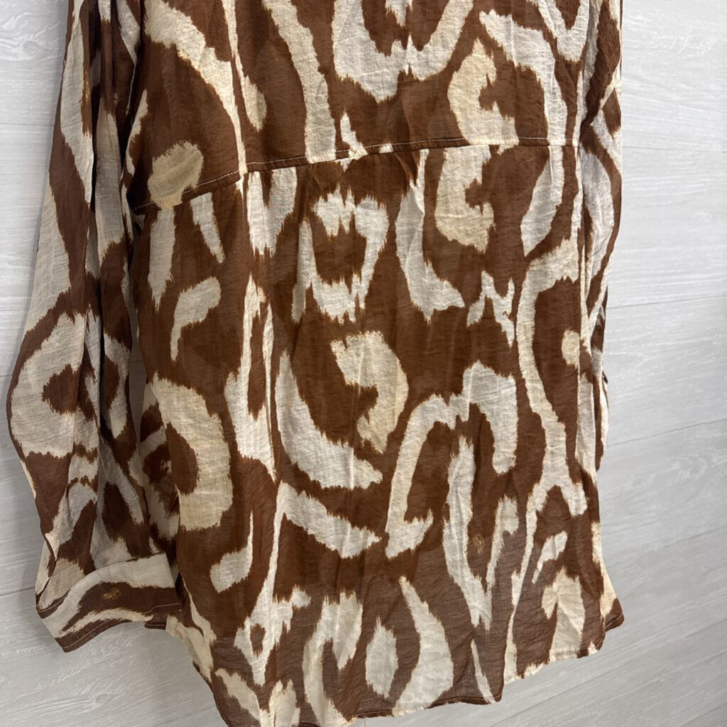 Vici Brown/ Cream Print Long Sleeve Button Down Top Large