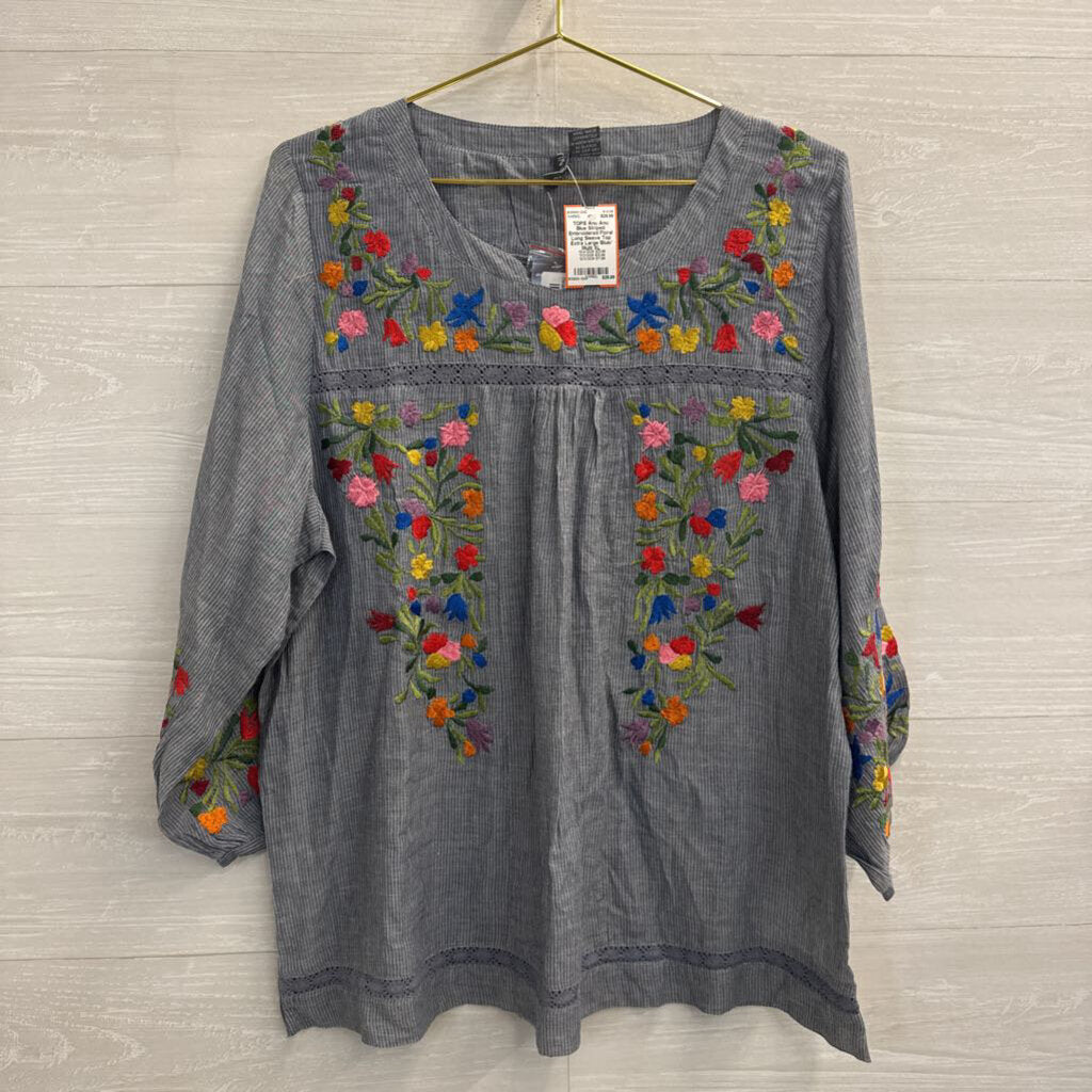 Anu Blue Striped Embroidered Floral Long Sleeve Top Extra Large