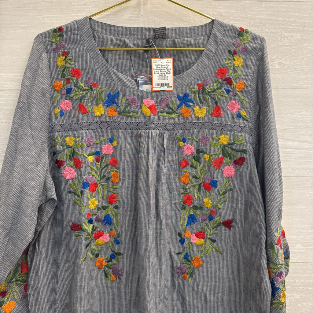 Anu Blue Striped Embroidered Floral Long Sleeve Top Extra Large