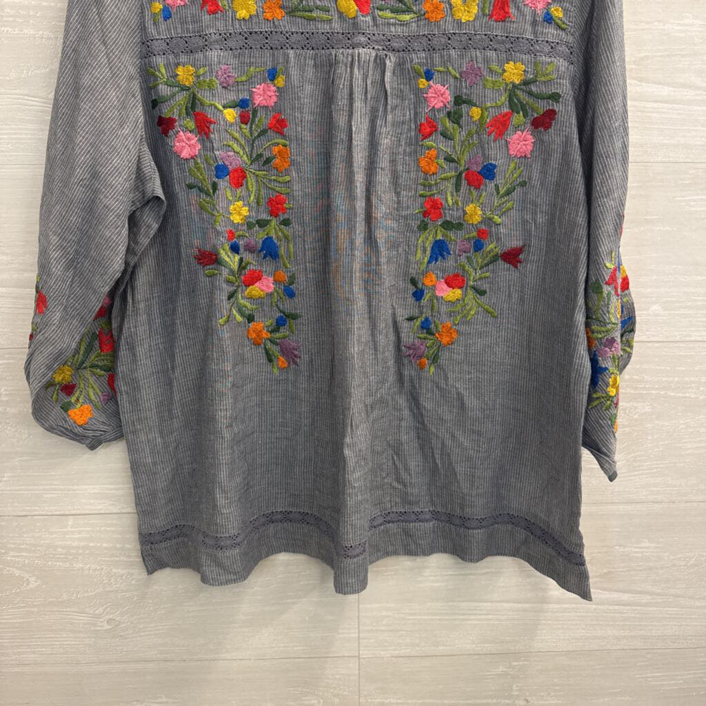 Anu Blue Striped Embroidered Floral Long Sleeve Top Extra Large
