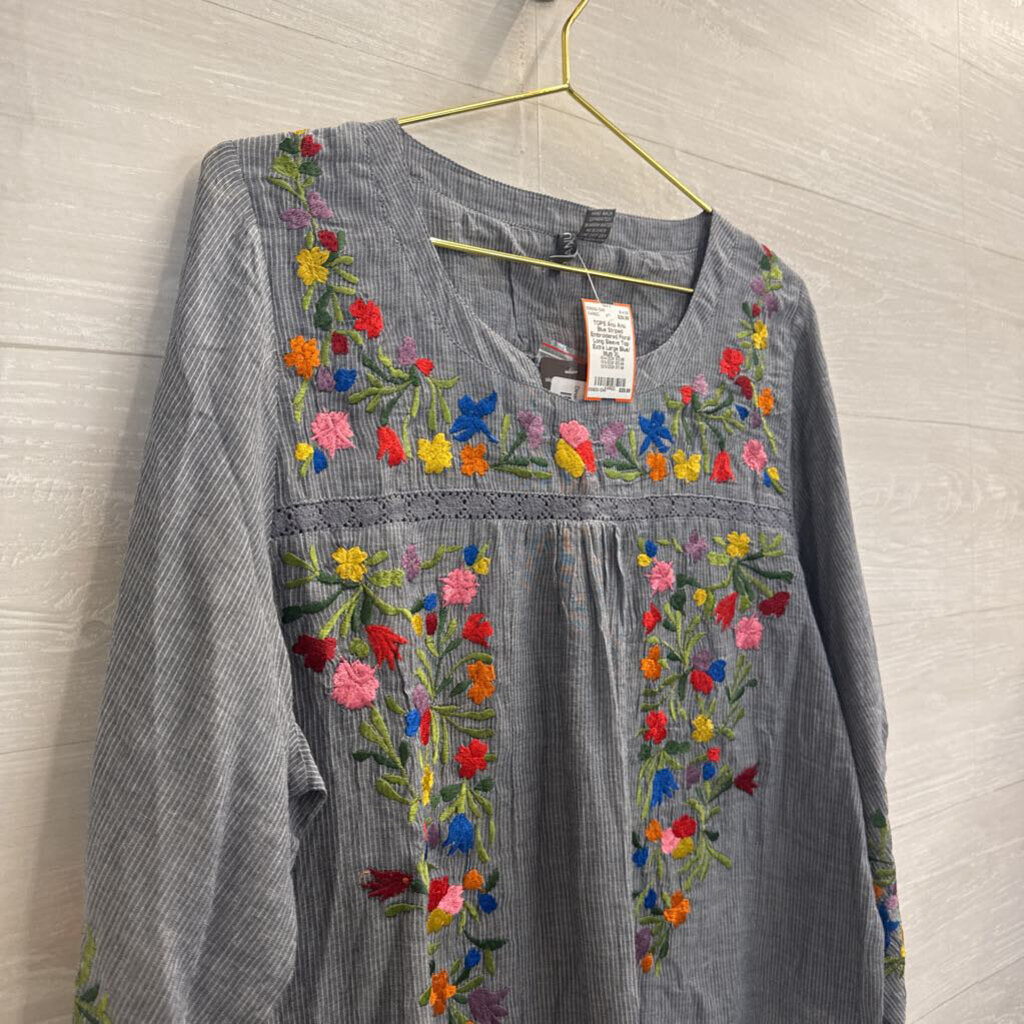 Anu Blue Striped Embroidered Floral Long Sleeve Top Extra Large