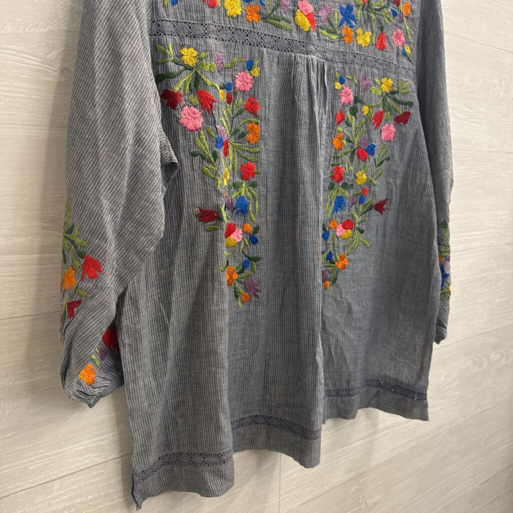Anu Blue Striped Embroidered Floral Long Sleeve Top Extra Large
