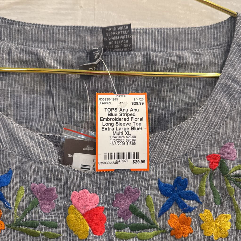 Anu Blue Striped Embroidered Floral Long Sleeve Top Extra Large