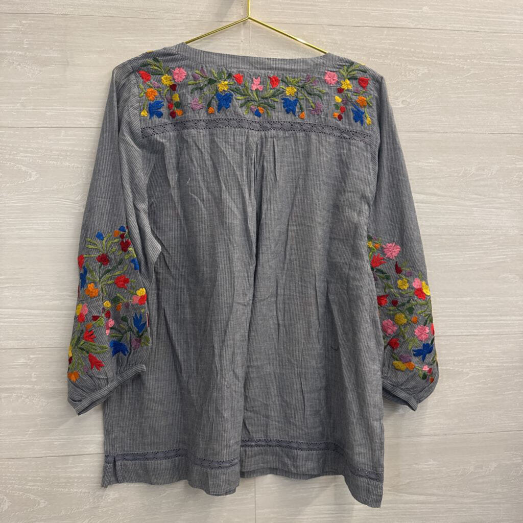 Anu Blue Striped Embroidered Floral Long Sleeve Top Extra Large
