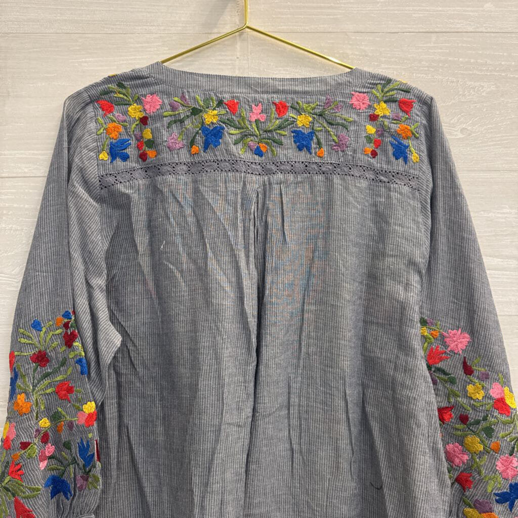 Anu Blue Striped Embroidered Floral Long Sleeve Top Extra Large